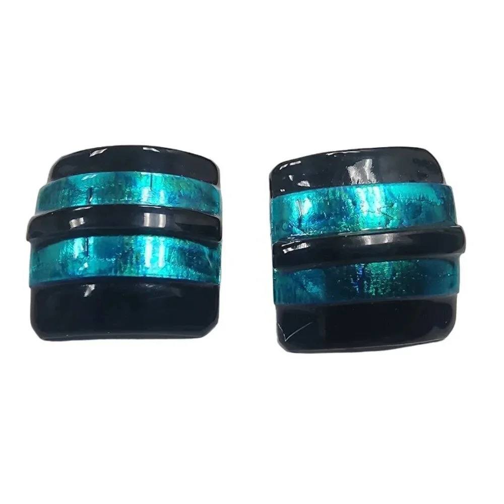 Vintage Black Enamel Blue Acrylic Glitter Square Studs Earrings